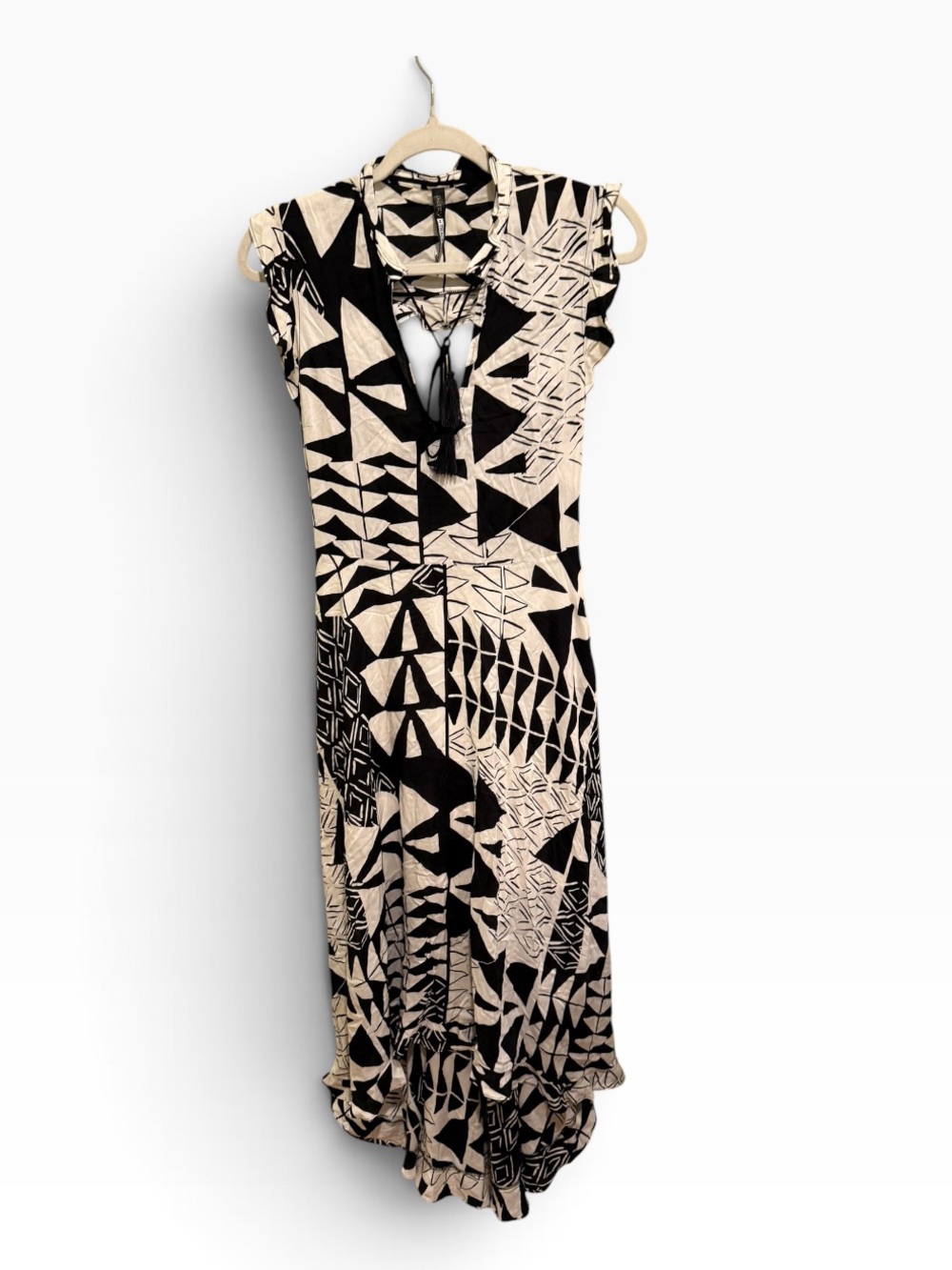 Plenty by Tracy Reese (Anthro) Black Cream Geometric Print Midi Dress Tassel Tie